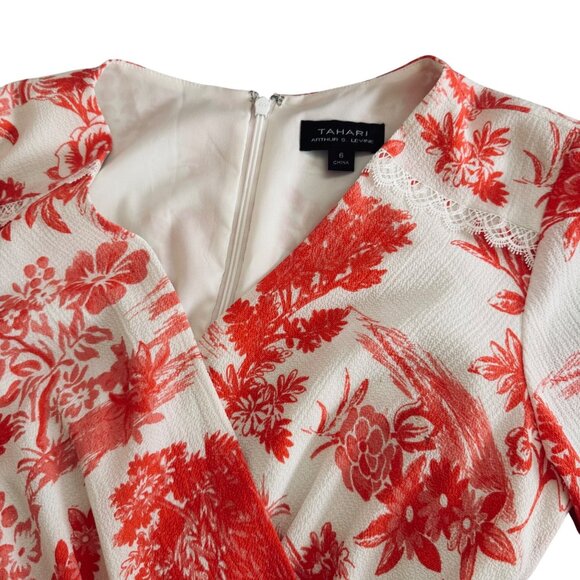 Tahari Arthur S. Levine Red & White Floral Wrap Dress Size 6 Long Sleeve. - Picture 6 of 16